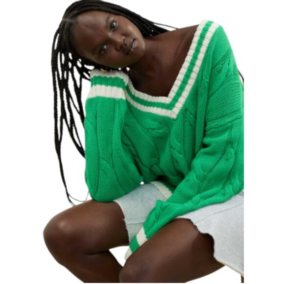 American Eagle Aerie Cropped Cable V-NECK Oversized Sweater Green Size XS 0-4 - Picture 1 of 5